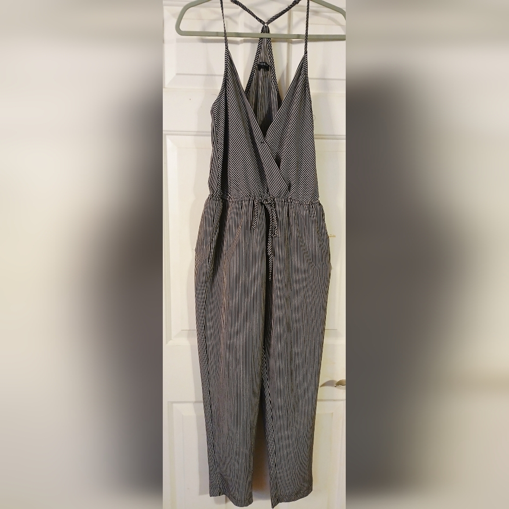 Storia Women's Black Striped Spaghetti Strap Faux Wrap Jumpsuit Size Small